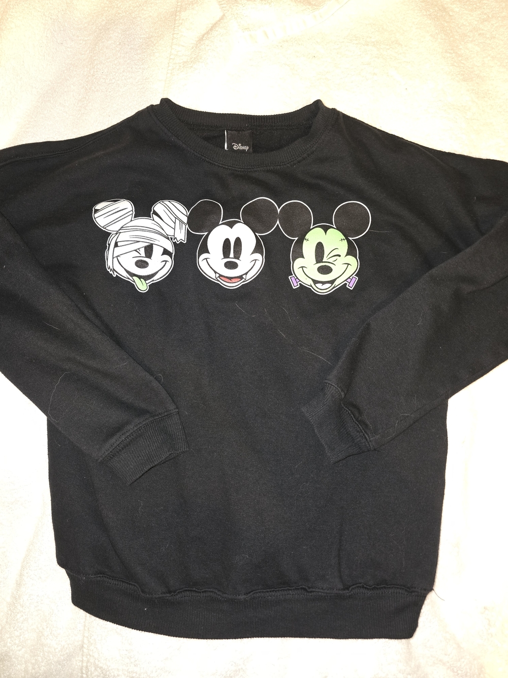 Disney Halloween Black Sweatshirt with White and Neon Green Mickey Faces Kids M